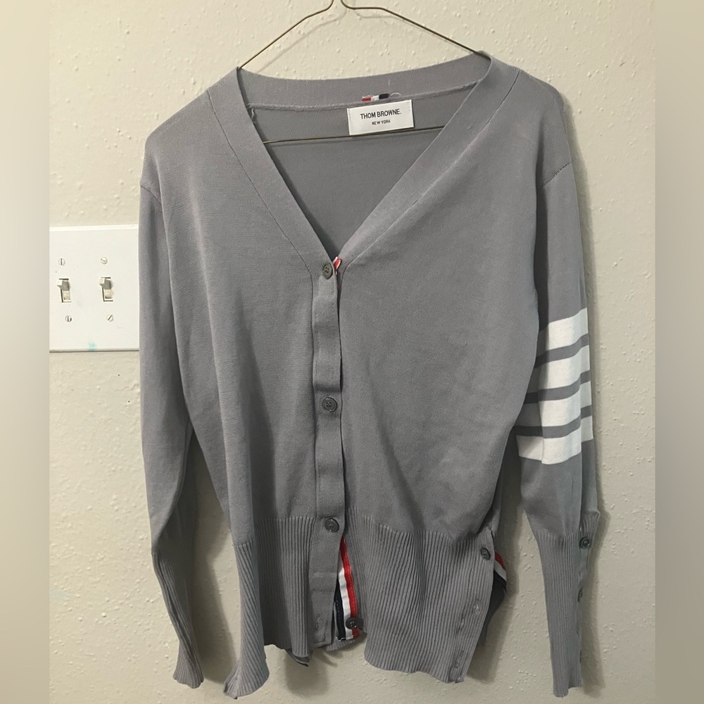 Thom Browne Gray Cardigan with White Stripes